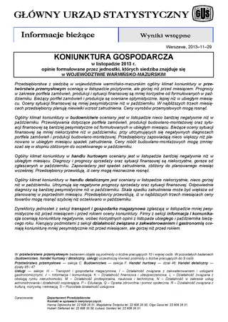 Powiększ obraz: Okładka informacji sygnalnej Koniunktura gospodarcza w województwie warmińsko-mazurskim w listopadzie 2013 r.