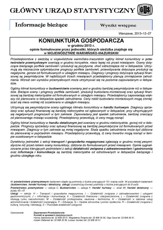 Powiększ obraz: Okładka informacji sygnalnej Koniunktura gospodarcza w województwie warmińsko-mazurskim w grudniu 2013 r.