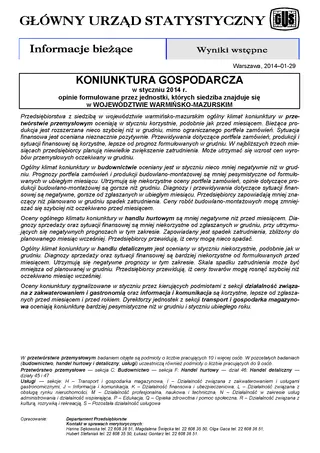 Powiększ obraz: Okładka informacji sygnalnej Koniunktura gospodarcza w województwie warmińsko-mazurskim w styczniu 2014 r.