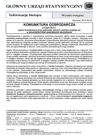 Powiększ obraz: Okładka informacji sygnalnej Koniunktura gospodarcza w województwie warmińsko-mazurskim w lutym 2014 r.