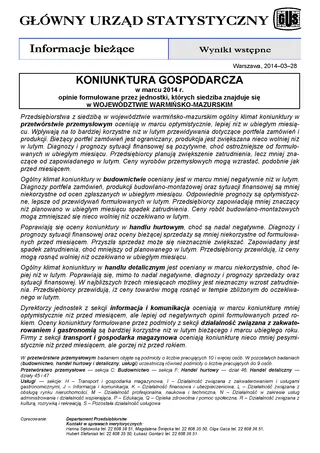 Powiększ obraz: Okładka informacji sygnalnej Koniunktura gospodarcza w województwie warmińsko-mazurskim w marcu 2014 r.