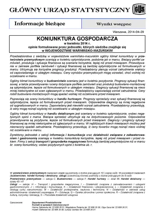 Powiększ obraz: Okładka informacji sygnalnej Koniunktura gospodarcza w województwie warmińsko-mazurskim w kwietniu 2014 r.