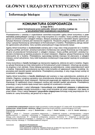 Powiększ obraz: Okładka informacji sygnalnej Koniunktura gospodarcza w województwie warmińsko-mazurskim w maju 2014 r.