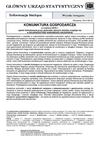 Powiększ obraz: Okładka informacji sygnalnej Koniunktura gospodarcza w województwie warmińsko-mazurskim w czerwcu 2014 r.