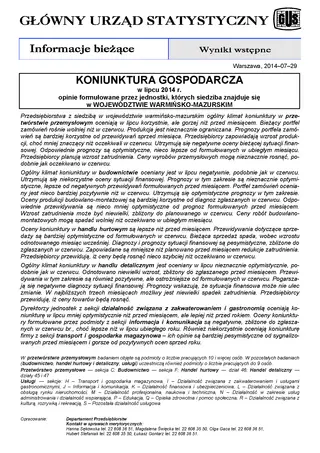 Powiększ obraz: Okładka informacji sygnalnej Koniunktura gospodarcza w województwie warmińsko-mazurskim w lipcu 2014 r.