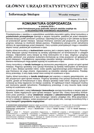 Powiększ obraz: Okładka informacji sygnalnej Koniunktura gospodarcza w województwie warmińsko-mazurskim w sierpniu 2014 r.