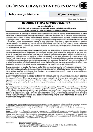 Powiększ obraz: Okładka informacji sygnalnej Koniunktura gospodarcza w województwie warmińsko-mazurskim we wrześniu 2014 r.