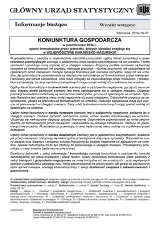 Powiększ obraz: Okładka informacji sygnalnej Koniunktura gospodarcza w województwie warmińsko-mazurskim w październiku 2014 r.