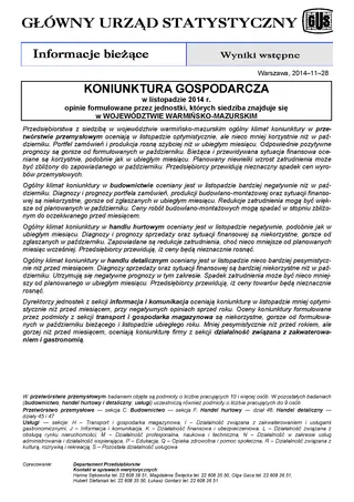 Powiększ obraz: Okładka informacji sygnalnej Koniunktura gospodarcza w województwie warmińsko-mazurskim w listopadzie 2014 r.
