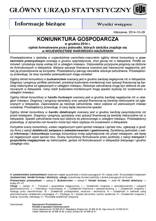 Powiększ obraz: Okładka informacji sygnalnej Koniunktura gospodarcza w województwie warmińsko-mazurskim w grudniu 2014 r.