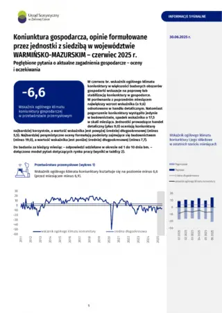 Powiększ obraz: Okładka informacji sygnalnej Koniunktura gospodarcza w województwie warmińsko-mazurskim w czerwcu 2025 r. 