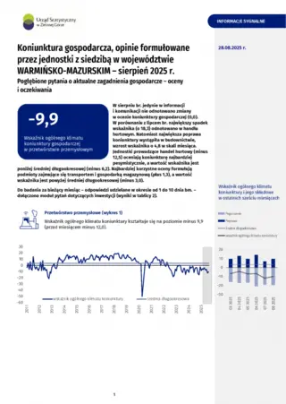 Powiększ obraz: Okładka informacji sygnalnej Koniunktura gospodarcza w województwie warmińsko-mazurskim w sierpniu 2025 r. 