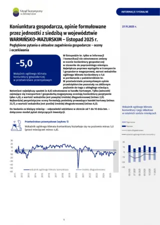 Powiększ obraz: Okładka informacji sygnalnej Koniunktura gospodarcza w województwie warmińsko-mazurskim w listopadzie 2025 r. 