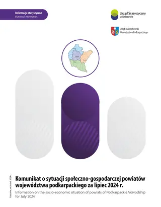 Powiększ obraz: Cover of the publication Information on the socio-economic situation of powiats of Podkarpackie Voivodship for July 2024