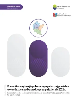 Powiększ obraz: Cover of the publication Information on the socio-economic situation of powiats of Podkarpackie Voivodship for October 2022