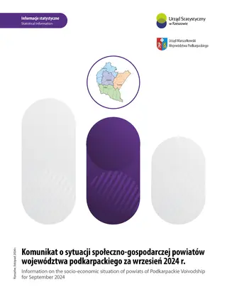 Powiększ obraz: Cover of the publication Information on the socio-economic situation of powiats of Podkarpackie Voivodship for September 2024