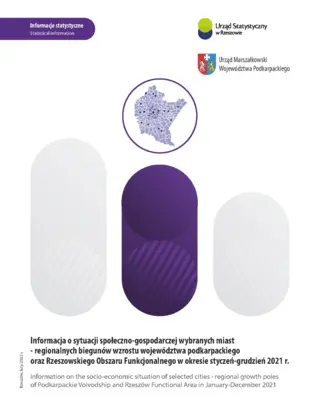 Powiększ obraz: Cover of the publication Information on the socio-economic situation of selected cities – regional growth poles of Podkarpackie Voivodship and Rzeszów Functional Area in January–December 2021