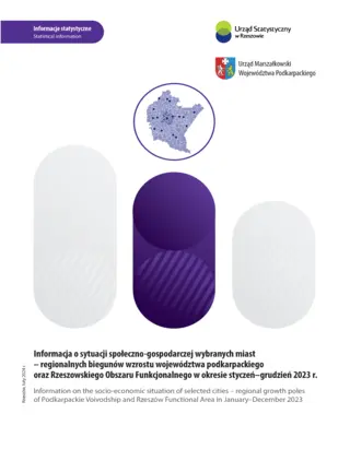 Powiększ obraz: Cover of the publication Information on the socio-economic situation of selected cities – regional growth poles of Podkarpackie Voivodship and Rzeszów Functional Area in January–December 2023