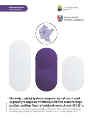 Powiększ obraz: Cover of the publication Information on the socio-economic situation of selected cities – regional growth poles of Podkarpackie Voivodship and Rzeszów Functional Area in January–March 2021