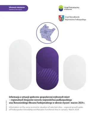 Powiększ obraz: Cover of the publication Information on the socio-economic situation of selected cities – regional growth poles of Podkarpackie Voivodship and Rzeszów Functional Area in January–March 2024