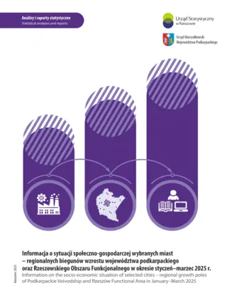 Powiększ obraz: Cover of the publication Information on the socio-economic situation of selected cities – regional growth poles of Podkarpackie Voivodship and Rzeszów Functional Area in January–March 2025