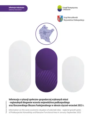 Powiększ obraz: Cover of the publication Information on the socio-economic situation of selected cities – regional growth poles of Podkarpackie Voivodship and Rzeszów Functional Area in January–September 2022