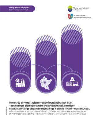 Powiększ obraz: Cover of the publication Information on the socio-economic situation of selected cities – regional growth poles of Podkarpackie Voivodship and Rzeszów Functional Area in January–September 2025