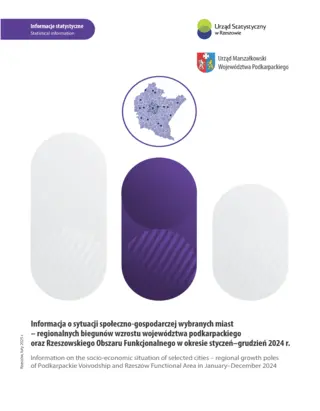 Powiększ obraz: Cover of the publication Information on the socio-economic situation of selected cities – regional growth poles of Podkarpackie Voivodship and Rzeszów Functional Area in January–December 2024